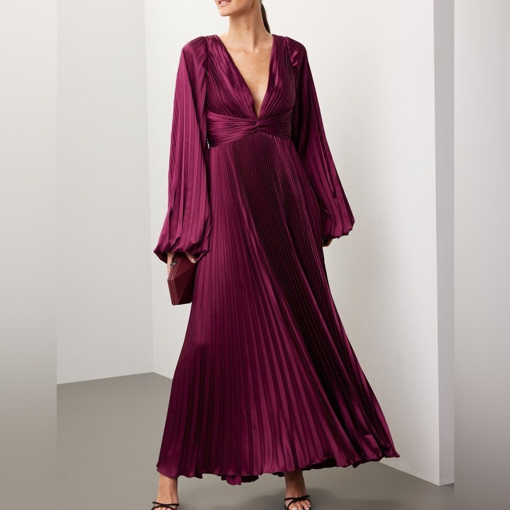 Mac Duggal Wine Pleated V-Neck Maxi Dress